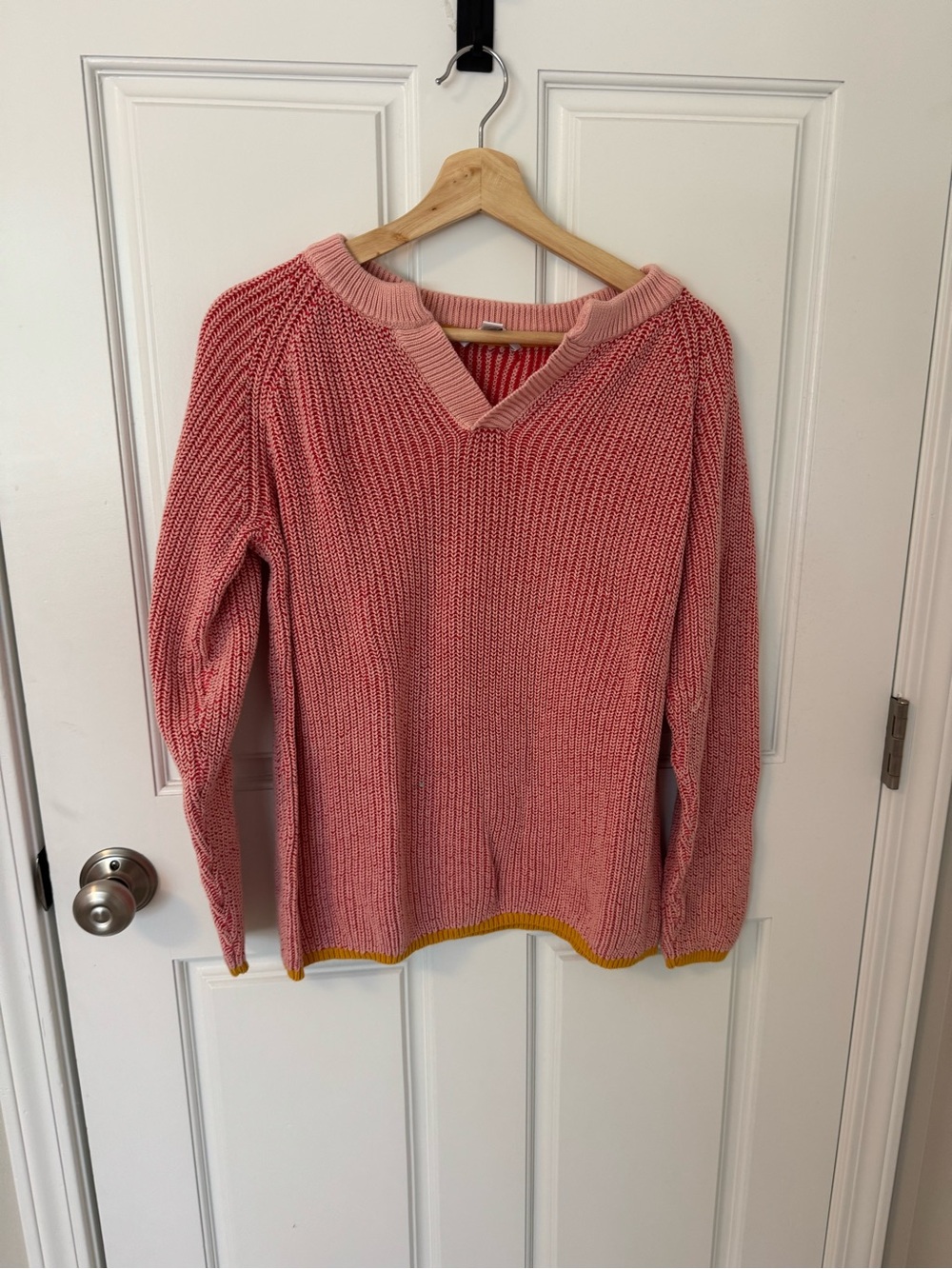 Peace Love World Pink V-Neck Knit Sweater with Yellow Hem